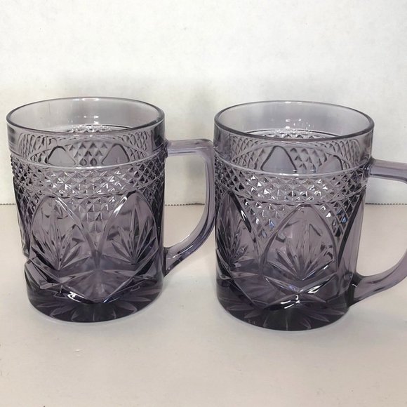 VTG Crystal D'Argues Durand Amethyst Purple Pressed Glass Mugs Set of 2 - Picture 1 of 4